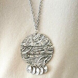 Karma Bella Embossed Pendant Necklace 32" Large Silver Round Boho Jewelry